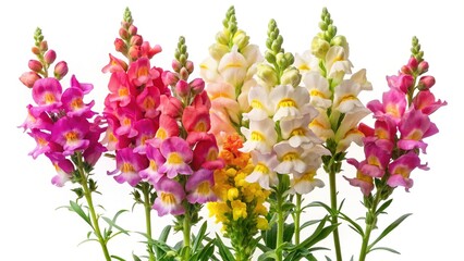 Beautiful display of colorful snapdragon flowers in full bloom on white backdrop