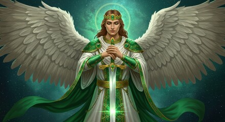 Archangel Raphael with sword and crown on cosmic background. Concept of spiritual wisdom and protection. For esoteric design and mystical themes. Symbol of health and healing.