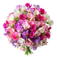 A stunning bouquet of colorful Sweet Pea flowers on a white background