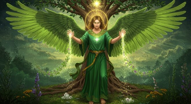 Archangel Raphael with green wings standing near a tree, emitting light and healing energy from hands for spiritual meditation and esoteric use. Symbol of health and healing.