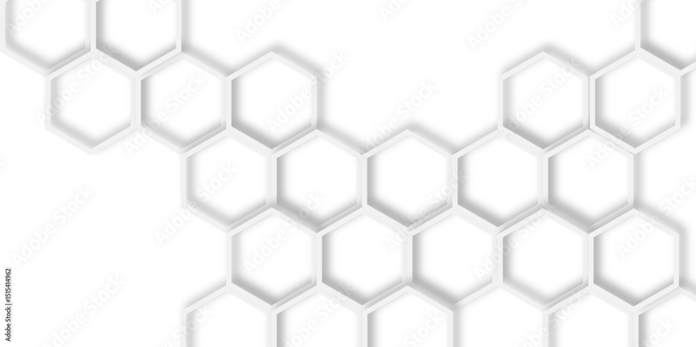 Poster white background with a pattern of overlapping hexagons creating a honeycomb like structure design.