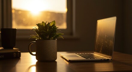Serene workstation bathed in golden sunset