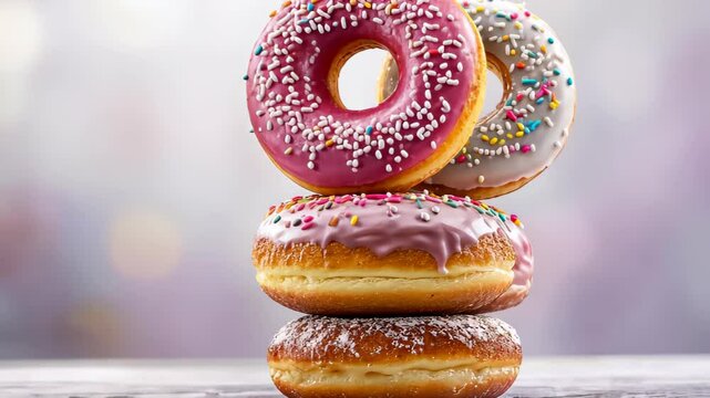 Delicious donut tower: A tempting stack of delectable donuts, each crowned with colorful glaze and sprinkles, arranged in a captivating display that evokes sweetness and indulgence. 