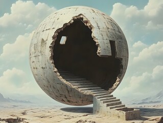 The Enigmatic Orb: A surreal image showcases a monumental, fractured spherical structure in a desolate landscape under a dramatic sky.