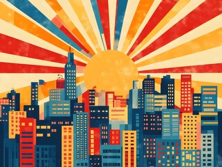 Urban Sunrise: A retro-style illustration of a cityscape silhouetted against a vibrant sunrise, evoking a sense of nostalgia, and optimism for the new day.