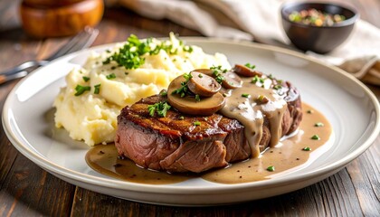 Delicious Plate of Steak and Mashed Potatoes with Mushroom Gravy