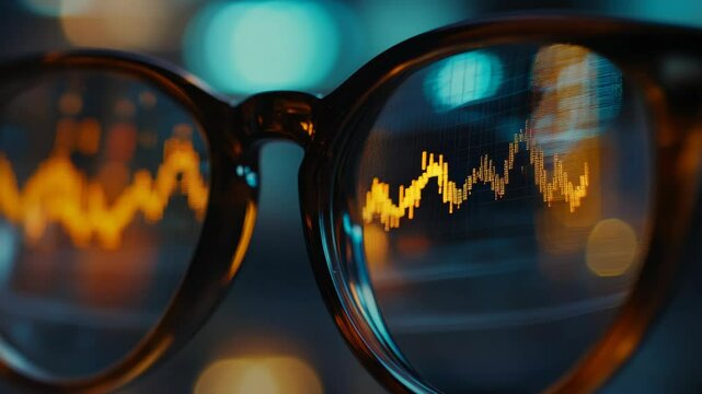 A pair of glasses with a blurry background and a graph on the lens. The graph is orange and has a downward trend
