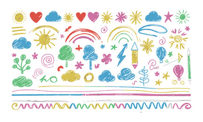 Playful vector illustration inspired by children's doodles using chalk on a blackboard,the composition should feature a wide variety of hand-drawn elements, easily scalable and editable. 