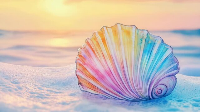 A colorful shell is on the beach, with the sun setting in the background. The shell is a rainbow of colors, and it looks like it's floating on the water. The scene is peaceful and serene