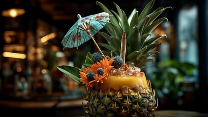 Exotic pineapple cocktail decorated with umbrella, flowers, and greenery, against a blurred bar backdrop for tropical refreshment concept.