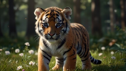 Obraz premium Cute tiger cub in a forest meadow
