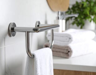 Modern bathroom with grab bar and towels