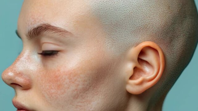 A woman with a shaved head and a red nose.