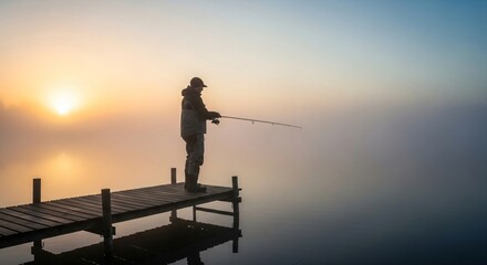 Naklejka premium The silhouette of a man fishing from a pier on a foggy morning lake. A relaxing outdoor activity for relaxation and leisure on an autumn day.
