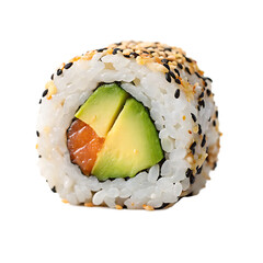 Freshly prepared maki roll featuring salmon avocado and toasted sesame seeds on transparent  background