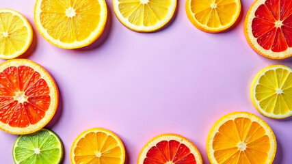 Fototapeta premium Colorful citrus slices arranged on a purple background. Includes oranges, lemons, limes, and grapefruits. Bright and vibrant summer theme. copy space