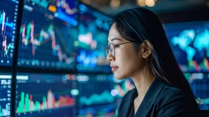 Asian woman analyzes stock market data on multiple screens in a high tech office - Powered by Adobe
