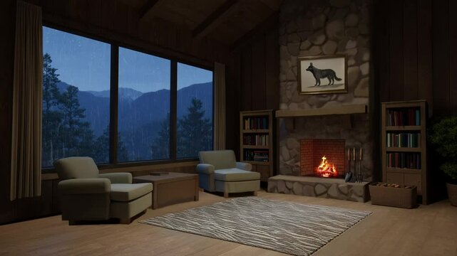 cozy cabin in the woods with fireplace, endless looped animation, 4K UHD horizontal format for meditation yt videos, desktop animated background wallpaper