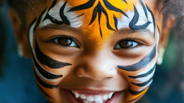 A young girl with face paint on her face and a big smile. She is wearing a tiger costume