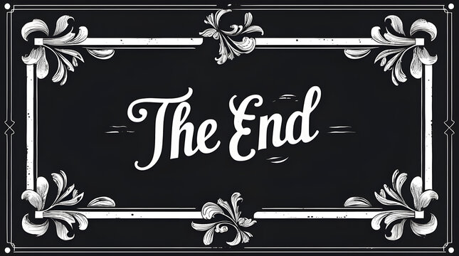The phrase "The End" in white letters centered inside a decorative white parallelogram frame over a black background with vintage graphic details