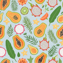 A seamless vector of exotic fruits and leafy greens in a clean, colorful tropical style