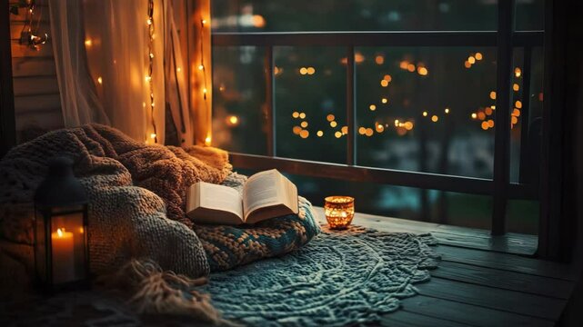 Cozy balcony retreat with open book, string lights, and warm blanket at twilight