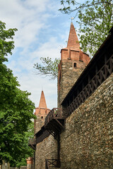 Medieval fortification with towers and city gate in Paczków
