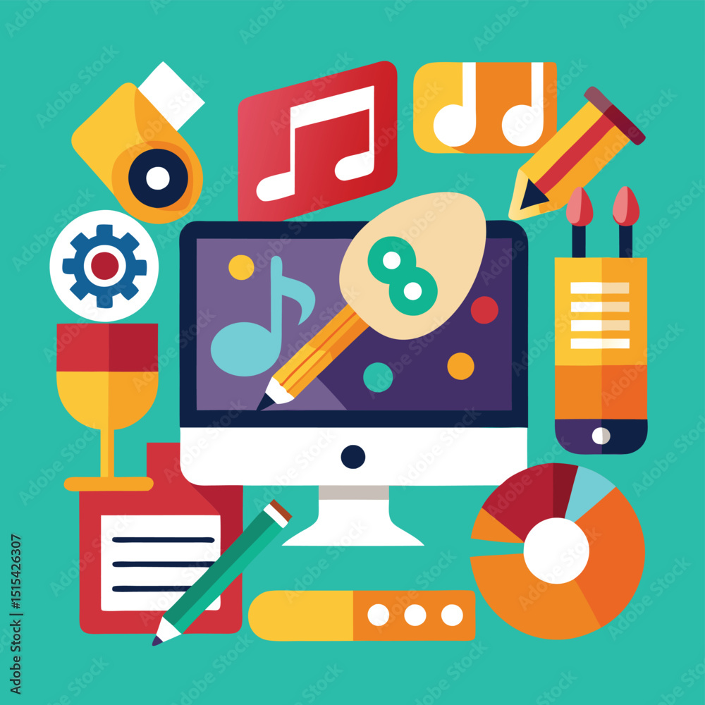 Poster Creative vector logo illustration featuring colorful shapes and symbols representing technology, design, and innovation in a dynamic arrangement