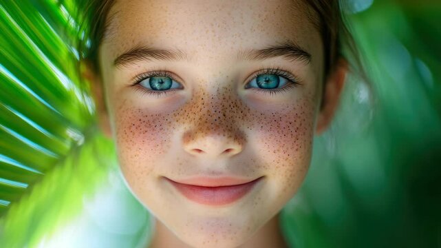 A young girl with blue eyes and freckles is smiling at the camera. The  has a bright and cheerful mood, with the girl's smile and the green background creating a sense of happiness and warmth