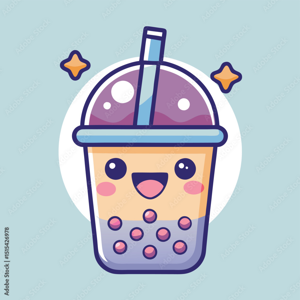 Poster cute and colorful bubble tea design featuring smiling face and joyful elements, ideal for branding a