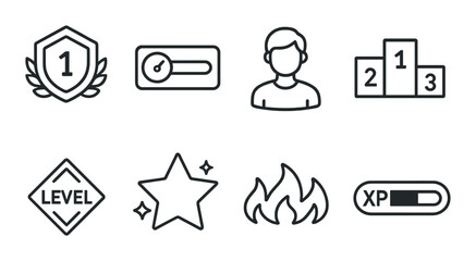 Gaming leaderboard icons set – simple outline, achievement and ranking symbols
