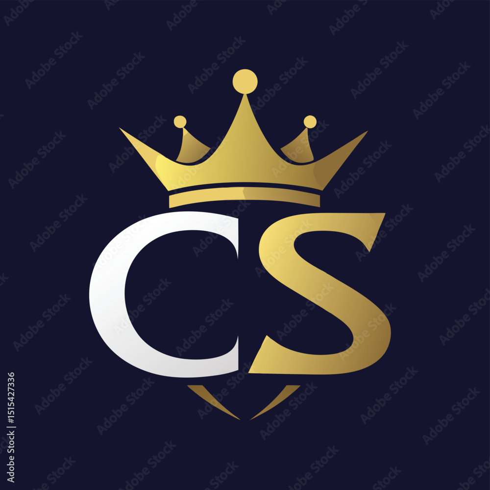Poster elegant logo design featuring a crown and initials cs in gold and silver tones on a dark background 
