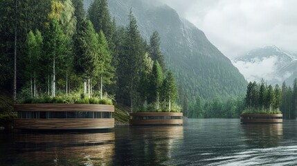 Fototapeta premium Circular floating structures with trees on top sit on a serene lake, surrounded by dense forest and misty mountains.