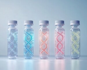 Five glass vials with glowing DNA double helix structures inside, arranged in a row on a bright, clean background.