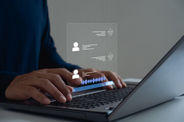 Person using AI agent chatbot conversation assistant in app on device for virtual assistance and...