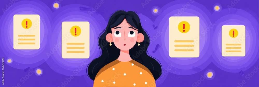 Poster confused avatar surrounded by alerts in a light margin setting during a digital notification scenari