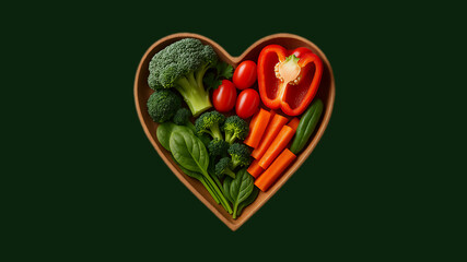 Schüssel in Herzform mit frischem gesundem Gemüse wie Brokkoli, Karotten, Paprika, kleine Tomaten mittig auf einem dunklen grünen Hintergrund, fotorealistische Illustration