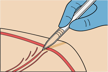 Detailed vector illustration showing a hand using a scalpel to create precise cuts in a shoe upper design during the crafting process for footwear production