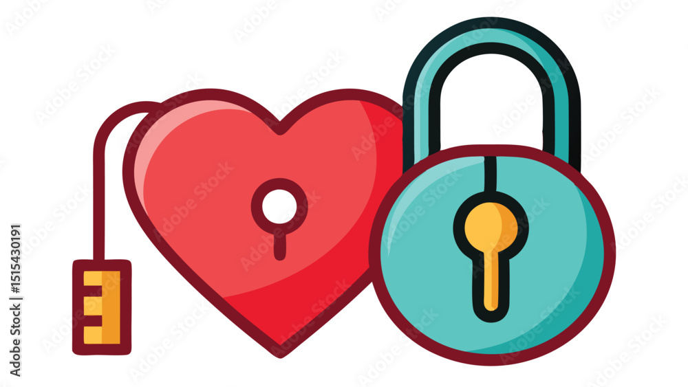 Poster Vector illustration of a heart-shaped lock and key emphasizing love, security, and protection in a minimalist design suited for various digital projects