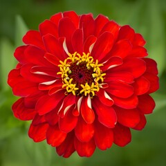 Vibrant Red Zinnia Flower with Yellow Center on Green Background