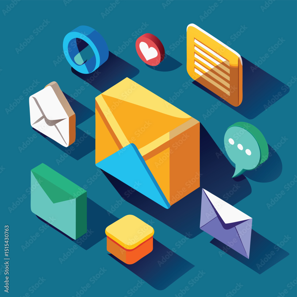 Poster vector illustration of various email icons and symbols on a blue background showcasing communication