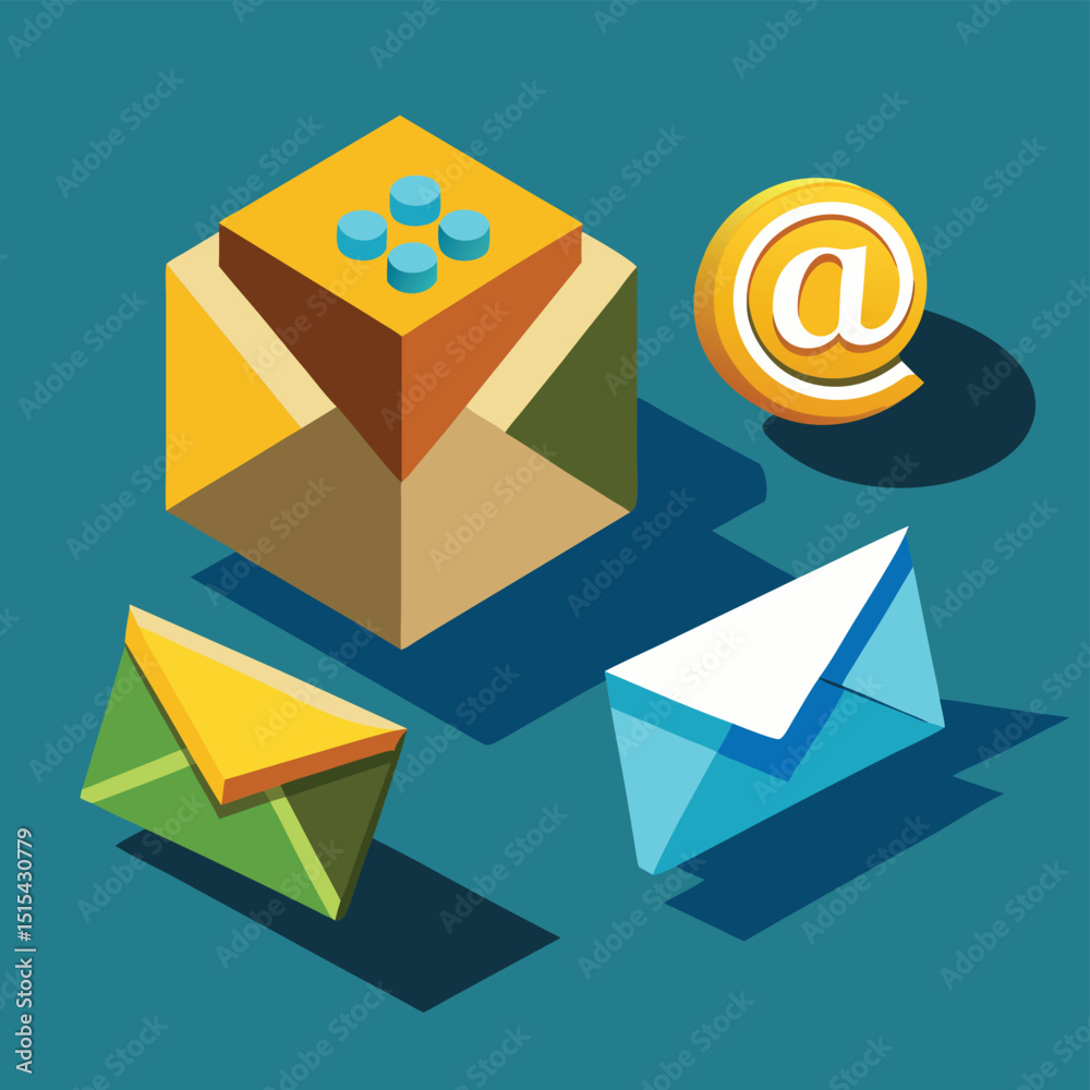 Poster vector illustration of various email icons and symbols on a blue background showcasing communication