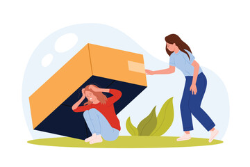Anxiety disorder and phobia, mental health trouble, stress, pressure of guilt and panic. Woman lifting cardboard box to find unhappy afraid sick girl hiding in fear cartoon vector illustration