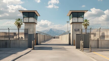 Security checkpoint with barriers and watchtowers