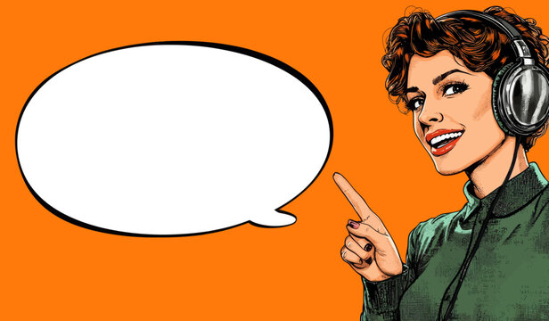 The concept of a call center, customer support, helpdesk, or service is depicted in a pop art retro comic style illustration featuring a beautiful young girl wearing a headset