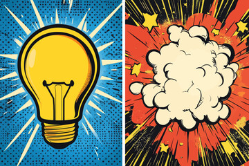 The concept of an idea is represented by an on and off light bulb in a pop art style