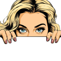 A beautiful girl is hiding behind a white sheet in a modern pop art style illustration, while another woman conceals herself behind a white board, and a girl holds a poster with empty space for text