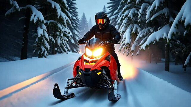 A man in a helmet rides a snowmobile along a road in a snowy forest, the headlights of the snowmobile illuminate the path, the concept of extreme sports and active winter recreation