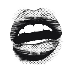 A woman's mouth is open in a scream, comprised of retro halftone collage elements suitable for mixed media design, with lips featuring a halftone texture in a dotted pop art style, as part of a