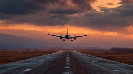 Airplane Landing Runway Sunset Dramatic Sky Mountains Scenic Flight Travel Journey Airliner Aircraft Transportation Aviation Passenger Jet Plane Beautiful Golden Hour Landscape    